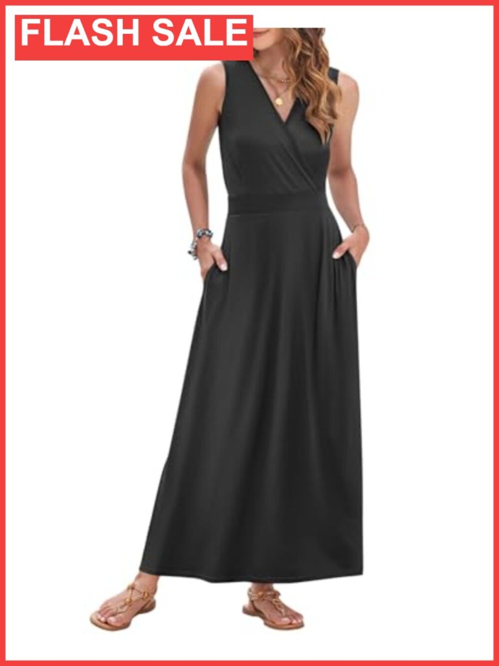 Sleeveless Maxi Dress Wrap V-Neck A-Line with Pockets